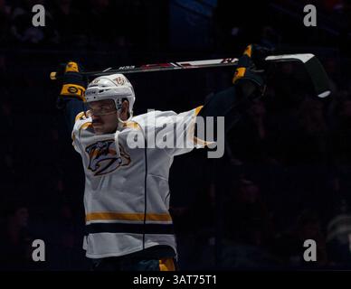 27 novembre 2013 - Columbus, OHIO, Stati Uniti d'America - il centro dei Nashville Predators Paul Gaustad (28) si estende prima della partita NHL tra i Nashville Predators e i Columbus Blue Jackets alla Nationwide Arena di Columbus, OHIO. I Nashville Predators hanno battuto i Columbus Blue Jackets 4-0.(Credit Image: © Aaron Doster/Cal Sport Media/Cal Sport Media/ZUMAPRESS.com) Foto Stock