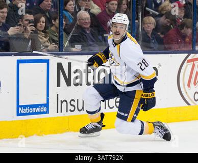 27 novembre 2013 - Columbus, OH, Stati Uniti d'America - Centro dei Nashville Predators Paul Gaustad (28) lungo le tavole nel secondo periodo durante la partita NHL tra i Nashville Predators e i Columbus Blue Jackets alla Nationwide Arena di Columbus, OHIO. I Nashville Predators hanno battuto i Columbus Blue Jackets 4-0.(Credit Image: © Aaron Doster/Cal Sport Media/Cal Sport Media/ZUMAPRESS.com) Foto Stock