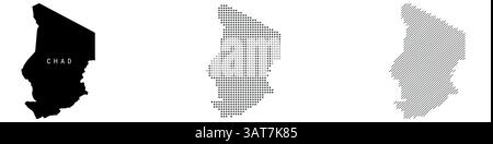 Mappa dettagliata della silhouette del Ciad, motivo tratteggiato e motivo di linee parallele inclinate. Mappa stilizzata con texture ciadiana. Illustrazione vettoriale isolata su bianco. Illustrazione Vettoriale