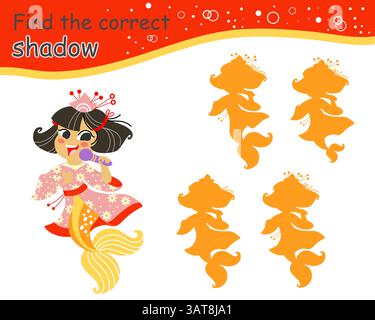 Trova il personaggio ombre carino della sirena. Gioco educativo di abbinamento per bambini. Trovare la silhouette corretta. Attività, gioco logico, foglio di lavoro stampabile Illustrazione Vettoriale