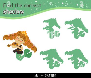 Trova il personaggio ombre carino della sirena. Gioco educativo di abbinamento per bambini. Trovare la silhouette corretta. Attività, gioco logico, foglio di lavoro stampabile Illustrazione Vettoriale