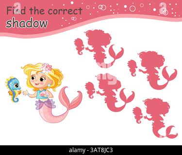Trova il personaggio ombre carino della sirena. Gioco educativo di abbinamento per bambini. Trovare la silhouette corretta. Attività, gioco logico, foglio di lavoro stampabile Illustrazione Vettoriale