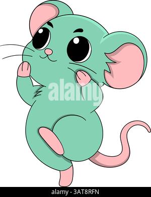 Allegro personaggio del topo cartoni animati che danzano con un'espressione gioiosa. Simpatica illustrazione vettoriale verde del mouse Illustrazione Vettoriale