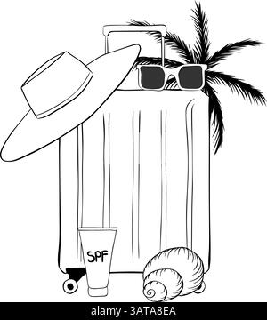 Valigetta da viaggio, cappello, palma, occhiali da sole, conchiglia. Illustrazione a inchiostro con linee grafiche vettoriali che simboleggia bagagli, imballaggio per le vacanze e Tou Illustrazione Vettoriale