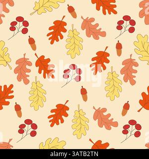 Colorato motivo di foglie autunnali di quercia, con ghiande e un rametto di viburnum. Disegnato a mano. Vettore Illustrazione Vettoriale