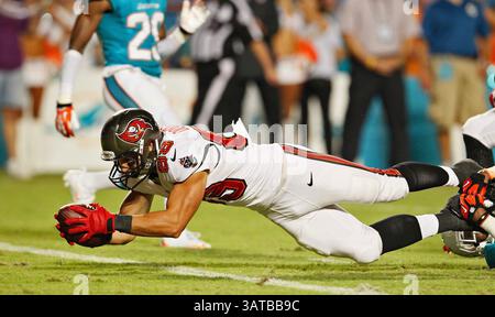 24 agosto 2013 - Miami, FL, USA - il wide receiver dei Tampa Bay Buccaneers David Douglas (89) raggiunge l'end zone per pareggiare la partita durante il quarto periodo contro i Miami Dolphins al Sun Life Stadium di Miami, Florida, sabato 24 agosto 2013. I Buccaneers sconfissero i Dolphins, 17-16. (Immagine di credito: © Daniel Wallace/MCT/ZUMAPRESS.com) Foto Stock