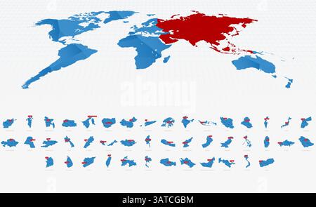 Mappe a basso gradiente blu Poly dell'Asia con i cartelli di Capital City. Raccolta mappe. Illustrazione Vettoriale