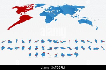 Mappe d'America a basso gradiente di colore Poly Blue con i cartelli di Capital City. Raccolta mappe. Illustrazione Vettoriale