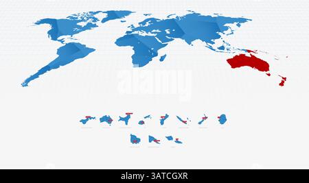 Mappe dell'Oceania con basse sfumature di Poly Blue con i cartelli di Capital City. Raccolta mappe. Illustrazione Vettoriale