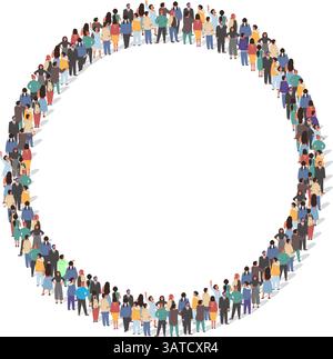 Un gruppo eterogeneo di persone si trova spalla a spalla, formando un grande cerchio. Si impegnano in un momento di connessione e unità, mostrando la comunità Illustrazione Vettoriale