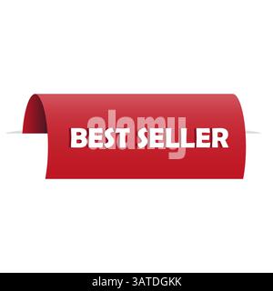 Banner più venduto. Etichetta rossa del prodotto. Design dell'adesivo promozionale. Icona della barra multifunzione vettoriale. Illustrazione Vettoriale