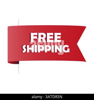 Nastro di spedizione gratuito. Banner dell'offerta di consegna. Etichetta rossa vettoriale. Forma dell'etichetta promozionale. Illustrazione Vettoriale