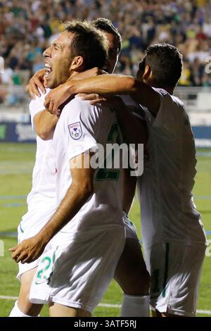 3 agosto 2013 - Hempstead, NY, USA - l'attaccante dei New York Cosmos ALESSANDRO NOSELLI (22) festeggia con i compagni di squadra dopo aver segnato il gol vincente contro i ft Lauderdale Strikers al James R Shuart Stadium. (Immagine di credito: © Anthony Gruppuso/Independent Image/ZUMAPRESS.com) Foto Stock