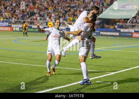 3 agosto 2013 - Hempstead, NY, USA - i compagni di squadra saltano sull'attaccante dei New York Cosmos ALESSANDRO NOSELLI (22) dopo aver segnato un gol per vincere la partita contro i ft Lauderdale Strikers al James R Shuart Stadium. (Immagine di credito: © Anthony Gruppuso/Independent Image/ZUMAPRESS.com) Foto Stock