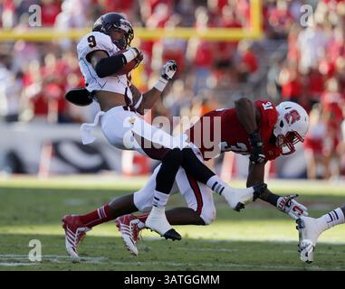 28 settembre 2013 - Raleigh, NC, USA - il wide receiver del Central Michigan Andrew Flory (9) viene placcato dal linebacker N.C. State D.J. Green (31) durante il primo tempo al Carter-Finley Stadium di Raleigh, Carolina del Nord, sabato 28 settembre 2013. (Immagine di credito: © Ethan Hyman/MCT/ZUMAPRESS.com) Foto Stock