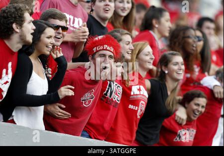 28 settembre 2013 - Raleigh, NC, USA - i tifosi del North Carolina State Wolfpack tifo per la squadra durante il secondo tempo contro il Central Michigan al Carter-Finley Stadium di Raleigh, Carolina del Nord, sabato 28 settembre 2013. N.C. State sconfisse Central Michigan, 48-14. (Immagine di credito: © Ethan Hyman/MCT/ZUMAPRESS.com) Foto Stock