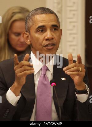 19 settembre 2013 - Washington, District of Columbia, U. S - il presidente degli Stati Uniti Barack Obama pronuncia le sue osservazioni in una riunione del suo Consiglio per l'esportazione nell'edificio Eisenhower Executive Office a Washington, DC, il 19 settembre 2013. (Immagine di credito: © Prensa Internacional/ZUMAPRESS.com) Foto Stock