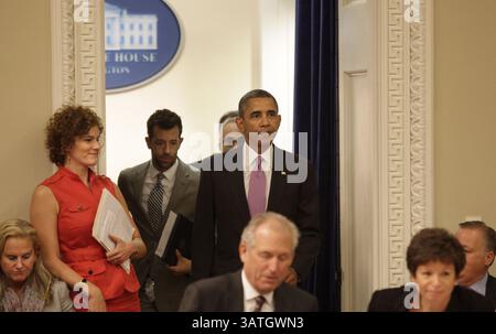 19 settembre 2013 - Washington, District of Columbia, U. S - il presidente degli Stati Uniti Barack Obama arriva per rilasciare le sue osservazioni in una riunione del suo Consiglio per l'esportazione nell'edificio Eisenhower Executive Office a Washington, DC, il 19 settembre 2013. (Immagine di credito: © Prensa Internacional/ZUMAPRESS.com) Foto Stock
