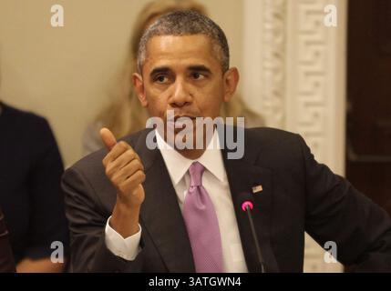 19 settembre 2013 - Washington, District of Columbia, U. S - il presidente degli Stati Uniti Barack Obama pronuncia le sue osservazioni in una riunione del suo Consiglio per l'esportazione nell'edificio Eisenhower Executive Office a Washington, DC, il 19 settembre 2013. (Immagine di credito: © Prensa Internacional/ZUMAPRESS.com) Foto Stock