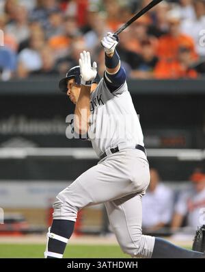 2 settembre 2009 - Baltimore, Maryland, Stati Uniti d'America - Baltimore, MD - 2 Settembre 2009 -- New York Yankees terzo baseman Alex Rodriguez (13) singles nel nono inning contro i Baltimore Orioles a Rigogolo Park a Camden Yards a Baltimora, MD mercoledì 2 settembre 2009. Gli Yankees ha vinto il gioco 10 - 2..Credit: Ron Sachs / CNP. (Credito Immagine: © Ron Sachs/CNP via ZUMA filo) Foto Stock