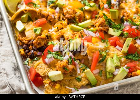 Nachos fatti in casa con teglie caricate vegane con cavolo di pomodoro e calce Foto Stock