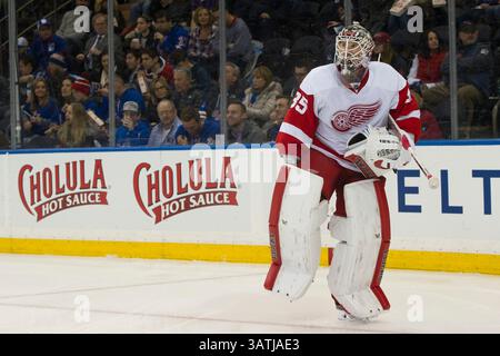 9 aprile 2016: Jimmy Howard (35), portiere dei Detroit Red Wings, è su un pattino durante la partita tra i New York Rangers e i Detroit Red Wings al Madison Square Garden di Manhattan, New York. Credito obbligatorio: Kostas Lymperopoulos/CSM (immagine di credito: © Kostas Lymperopoulos/CSM tramite filo ZUMA) Foto Stock