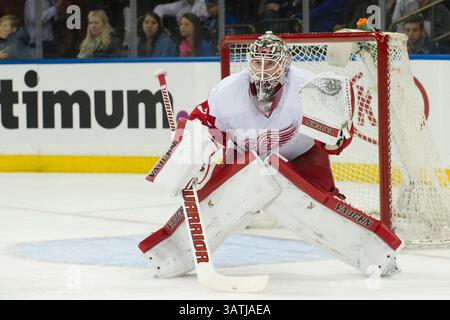 9 aprile 2016: Jimmy Howard (35), portiere dei Detroit Red Wings, è in azione durante la partita tra i New York Rangers e i Detroit Red Wings al Madison Square Garden di Manhattan, New York. Credito obbligatorio: Kostas Lymperopoulos/CSM (immagine di credito: © Kostas Lymperopoulos/CSM tramite filo ZUMA) Foto Stock