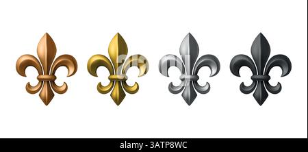 Simboli Fleur-de-Lis realistici 3D vettoriali in oro, argento, bronzo e nero. Set di icone araldiche reali per emblemi medievali, distintivi e stemmi Illustrazione Vettoriale