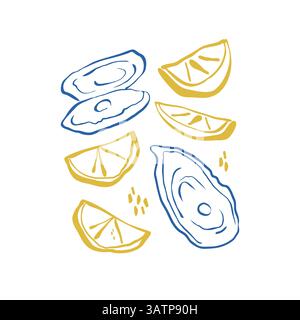 Ostriche blu, limoni gialli e macchie astratte, set vettoriale per cibo e packaging a tema oceanico Illustrazione Vettoriale