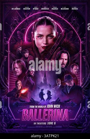 DATA DI RILASCIO: 6 giugno 2025. TITOLO: Ballerina. STUDIO: Lionsgate. DIRETTORE: Len Wiseman. TRAMA: Una giovane assassina cerca vendetta contro le persone che hanno ucciso la sua famiglia. PROTAGONISTA: ANA DE ARMAS nel ruolo di Eve poster art. (Credit Image: © Lionsgate/Entertainment Pictures/ZUMAPRESS.com) SOLO PER USO EDITORIALE! Non per USO commerciale! Foto Stock