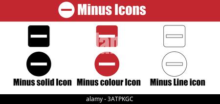 Collezione di disegni con icone meno in tinta unita, colorata e stili di linea. Illustrazione Vettoriale