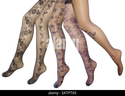 Gambe femminili in collant trasparente diversi modelli Foto Stock