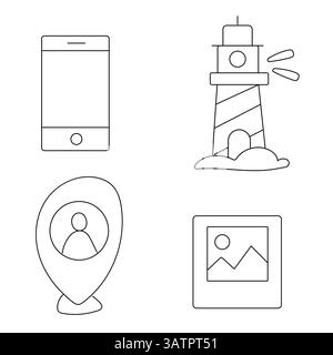 Set di icone da viaggio Doodle, tra cui faro, posizione mappa, telefono cellulare, foto Polaroid ed elementi per le vacanze, collezione vettoriale disegnata a mano per da a. Illustrazione Vettoriale