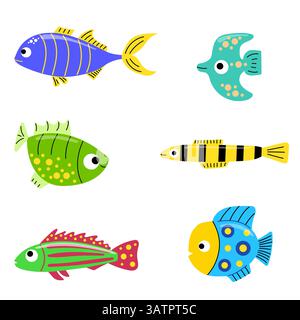 Set di sei Bright Tropical Fish, colorata collezione di vita sottomarina con pesci esotici per l'oceano, l'acquario e disegni ispirati alla natura Illustrazione Vettoriale