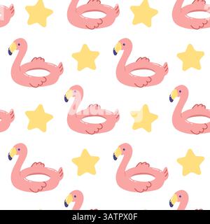 Modello estivo senza cuciture con fenicotteri e stelle, uccelli tropicali ed elementi Fun Star per il design Beach, Vacation e Tropical Illustrazione Vettoriale