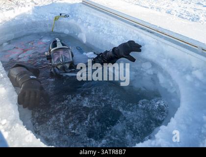 10 marzo 2016 - Ice Camp Sargo, Stati Uniti d'America - Un tuffatore della Marina degli Stati Uniti durante un'immersione sul ghiaccio presso il campo di ghiaccio multinazionale Sargo durante l'esercitazione di addestramento ICEX 2016 il 10 marzo 2016 nel Circolo Polare Artico. ICEX 2016 è un esercizio di cinque settimane progettato per ricercare, testare e valutare le capacità operative nella regione (Credit Image: © MC2 Tyler Thompson/Planet Pix via ZUMA Wire) Foto Stock