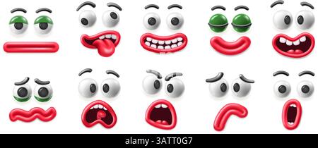 Volti 3D cartoon. Sorriso felice, emoji triste, volto piangente ed espressioni eccitate con occhi googly dei cartoni animati e bocche di plasticina. Espressione facciale Illustrazione Vettoriale