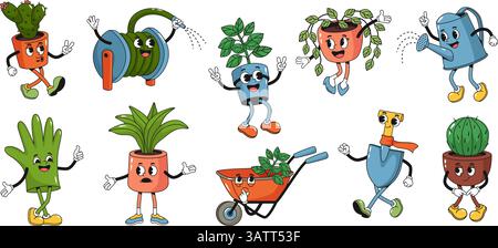 Personaggi di giardinaggio dei cartoni animati retrò. Mascotte per attrezzi da giardino e personaggi di piante in stile anni '30. Divertente pianta in vaso sorridente, cactus, annaffiatoio, tubo Illustrazione Vettoriale