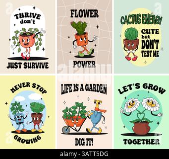 Poster da giardinaggio a cartoni animati retrò. Stampe motivazionali con personaggi vintage e citazioni da giardino. Modelli di arte murale con piante divertenti, cactus Illustrazione Vettoriale