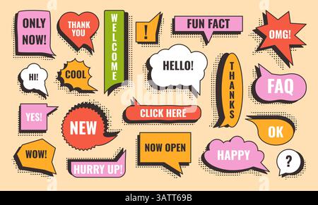 Bolle vocali pop art. Cornici a fumetti retrò con effetto estruso 3d, adesivi con casella di chat con ombra mezzitoni. Cloud di dialogo in vendita Illustrazione Vettoriale