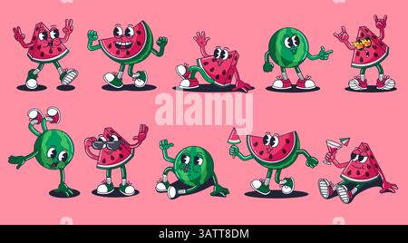 Personaggi retrò dell'anguria dei cartoni animati. Mascotte di frutta, fette di anguria vintage anni '30 e frutta intera. Divertente sorridere il cibo estivo Illustrazione Vettoriale