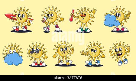 Personaggi retrò del sole dei cartoni animati. Mascotte estive, soleggiato personaggio sorridente, caldo e surfista Sun anni '30, vettore in stile animazione con tubo in gomma Illustrazione Vettoriale