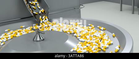 Macchina che produce capsule in un laboratorio farmaceutico - illustrazione di rendering 3D. Foto Stock