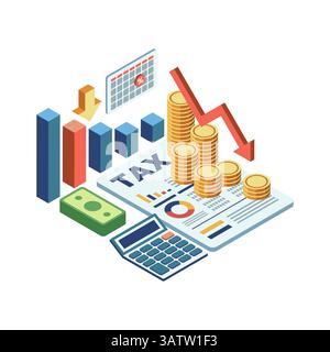 Concetto di deduzione fiscale isometrica con elementi finanziari. Concetto di deduzione fiscale e gestione finanziaria Illustrazione Vettoriale