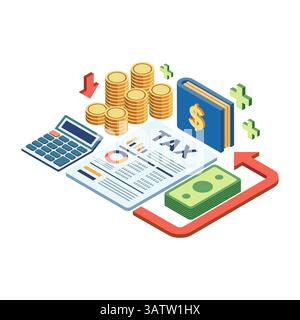 Dichiarazione dei redditi isometrica con portafoglio ed elementi finanziari. Concetto di dichiarazione dei redditi Illustrazione Vettoriale