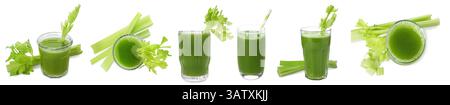 Gustoso succo di sedano su sfondo bianco, collage Foto Stock