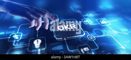 Obiettivi OKR e risultati chiave per la gestione delle prestazioni, proiezione su uno schermo virtuale, concetto di business e tecnologia. Foto Stock