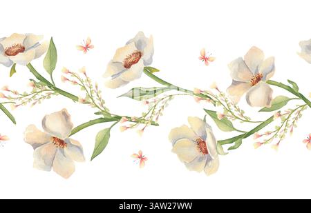 Bordo floreale senza cuciture di anemoni cremosi e piccoli fiori selvatici disegnati a mano. Elegante texture botanica ripetuta con fiori bianchi e. Foto Stock