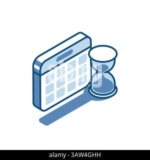icona lineare vettoriale isometrica del calendario e della clessidra, a colori su sfondo bianco, ora e data Illustrazione Vettoriale