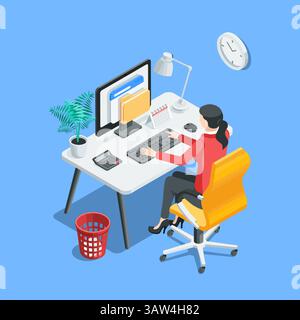 donna d'affari vettoriale isometrica seduta al tavolo e che lavora al computer, a colori su sfondo blu, lavoratrice d'ufficio o sul posto di lavoro Illustrazione Vettoriale